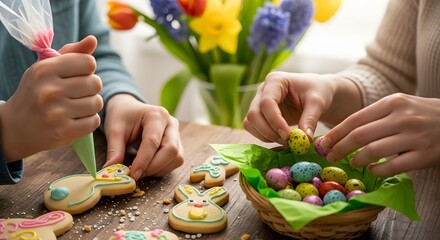 Creating sweet Easter memories as a family joyfully decorates homemade bunny cookies and biscuits with colorful icing for the spring holiday