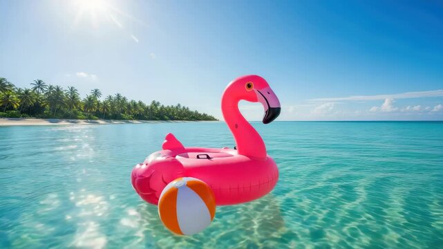 pink inflatable flamingo float with an orange and white beach ball sits in clear turquoise ocean water under bright sunny sky with lush palm-lined tropical beach