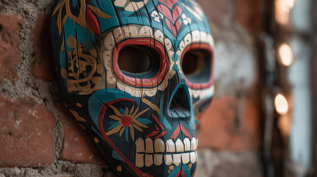 Close up of traditional decorative skull mask with vibrant colors on brick wall during Festival de las Calaveras in Aguascalientes, cultural symbol of Mexican art, tradition, and identity