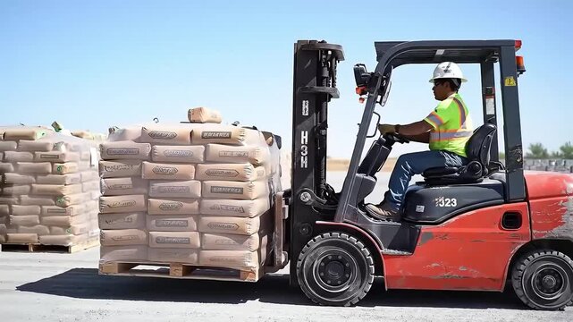 Skilled Forklift Operator Moving Heavy Pallets of Cement Bags for Construction Logistics Under Clear Blue Sky