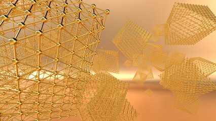  Abstract 3D rendering of geometric wireframe polyhedra floating in a warm golden-orange space. The intricate lattice structures resemble futuristic nanotechnology, molecular networks, or digital data