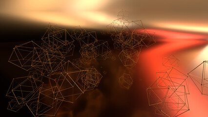 Abstract 3D rendering of geometric wireframe polyhedra floating in a warm golden-orange space. The intricate lattice structures resemble futuristic nanotechnology, molecular networks, or digital data