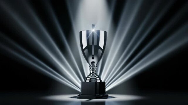 highly polished silver trophy with prominent handles and ribbed stem sits on dark base Intense spotlights emit radiating pattern of light beams on dark reflective stage