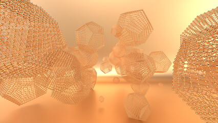 Abstract 3D rendering of geometric wireframe polyhedra floating in a warm golden-orange space. The intricate lattice structures resemble futuristic nanotechnology, molecular networks, or digital data 