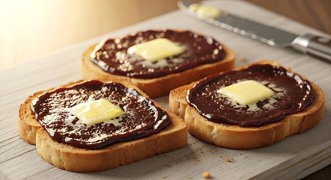 Australian Vegemite Toast, slices isolated on a light wooden board, butter melting