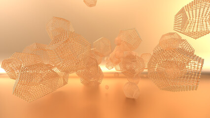  Abstract 3D rendering of geometric wireframe polyhedra floating in a warm golden-orange space. The intricate lattice structures resemble futuristic nanotechnology, molecular networks, or digital data