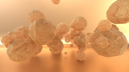  Abstract 3D rendering of geometric wireframe polyhedra floating in a warm golden-orange space. The intricate lattice structures resemble futuristic nanotechnology, molecular networks, or digital data