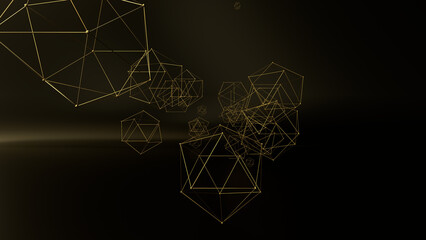 Abstract 3D rendering of geometric wireframe polyhedra floating in a warm golden-orange space. The intricate lattice structures resemble futuristic nanotechnology, molecular networks, or digital data