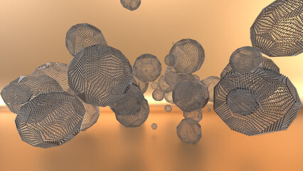 Abstract 3D rendering of geometric wireframe polyhedra floating in a warm golden-orange space. The intricate lattice structures resemble futuristic nanotechnology, molecular networks, or digital data