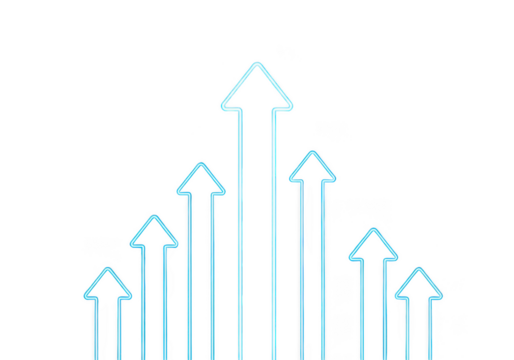 Multiple glowing neon arrows pointing upwards isolated on transparent background