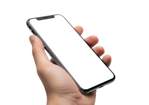 Close up of a hand holding a modern smartphone with a blank white screen isolated on transparent background