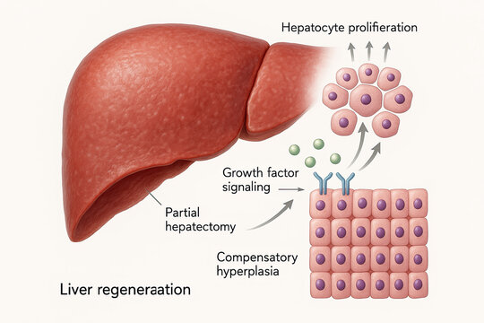 Medical illustration of liver regeneration after partial hepatectomy, showing hepatocyte proliferation and growth factor signaling.