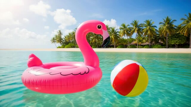 pink flamingo inflatable and colorful beach ball float on clear turquoise water near white sandy beach lined with lush green palm trees under sunny sky