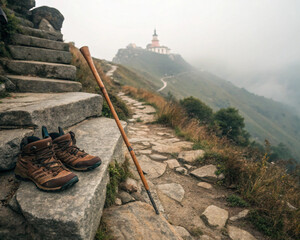 Worn hiking boots and staff resting on ancient steps of a mountain pilgrimage path. Spiritual travel, long-distance walking, personal journey, and reflection concept.