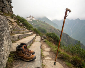 Worn hiking boots and staff resting on ancient steps of a mountain pilgrimage path. Spiritual travel, long-distance walking, personal journey, and reflection concept.