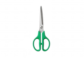 Green handled metal scissors isolated on a transparent background