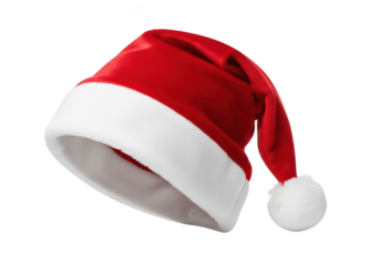 Classic red santa hat with white trim and pom pom isolated on transparent background