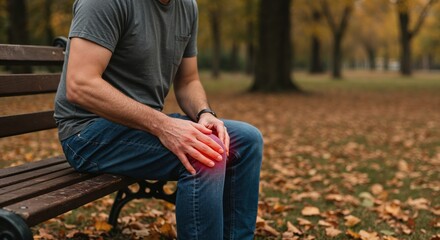 Knee Pain in the Park: A man with his hands on his injured knee sitting on a wooden bench in the autumn park, feeling discomfort.