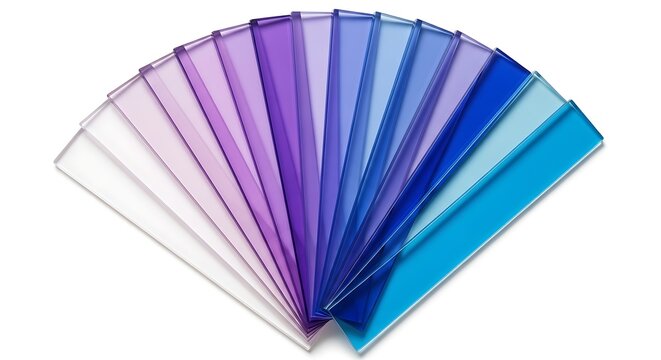 Fan of blue and purple paint swatches showing a spectrum of shades for color selection - Powered by Adobe