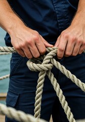 Knot Tying Hands: A sailor's hands meticulously tying a secure knot, showcasing precision, skill, and the intricate artistry of ropework against the backdrop of a vessel.
