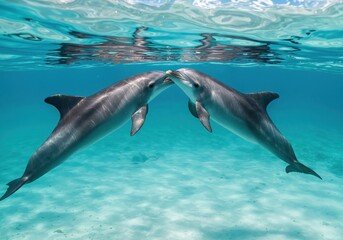 Fototapeta premium Dolphin Embrace Underwater: Two dolphins gracefully meet and touch underwater, their sleek forms captured in the pristine, clear blue water, creating a moment of connection.