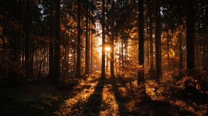 Obraz premium Forest with sunlight shining through the trees
