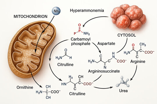 Diagram illustrating the urea cycle, showing the role of the mitochondrion and cytosol in ammonia detoxification and urea synthesis, with key chemical compounds and intermediates depicted.