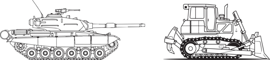 Line art illustration of a military tank and a heavy construction bulldozer