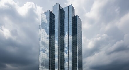 Modern skyscraper reflecting cloudy sky architecture cityscape.