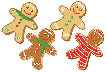 set of Gingerbread man cookie with icing decoration, holiday vector design isolated on white background
