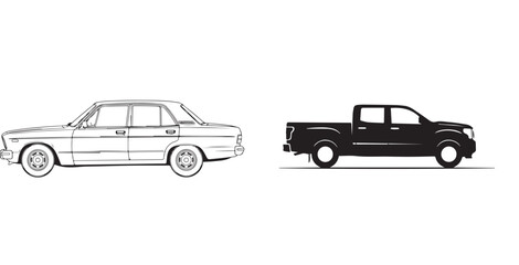 Side View Illustration of a Classic Sedan Line Art and a Modern Pickup Truck Silhouette