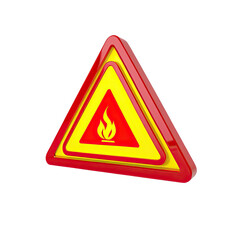 Red & yellow triangular warning sign with flame symbol, on black