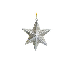 Obraz premium Shiny silver star ornament hanging against a black background