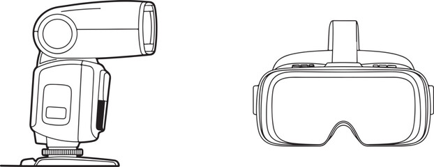 Line Art Illustration of a Camera Flash and a Virtual Reality Headset