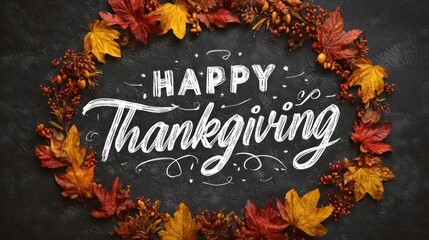 Happy thanksgiving chalkboard art surrounded by a festive autumn wreath of colorful fall leaves and pinecones