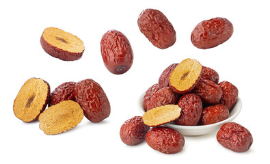 a collection of red dates (jujubes) displayed in various forms against a white background. 