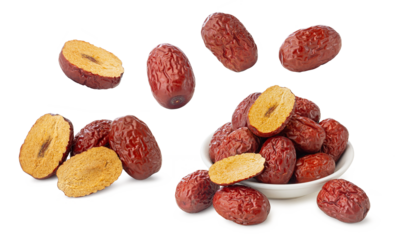 a collection of red dates (jujubes) displayed in various forms against a white background. 