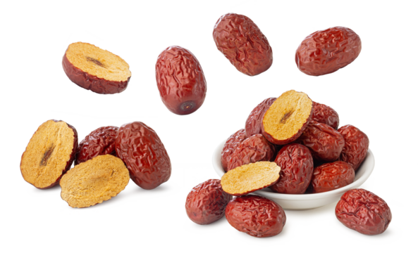 a collection of red dates (jujubes) displayed in various forms against a white background. 