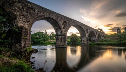Ancient Stone Bridge Arches Over Calm River Reflecting Sunset Hues With Lush Greenery in Rural Setting Under Cloudy Sky at Dawn
