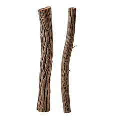 Two upright wooden logs with textured bark, cut at the top, against black backdrop