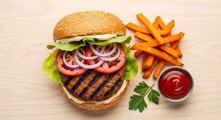 Delicious Grilled Burger with Sweet Potato Fries and Ketchup.