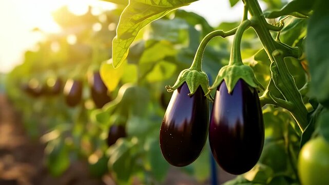 Two ripe purple eggplants hanging from a green plant in a sunlit garden field ready for harvest
