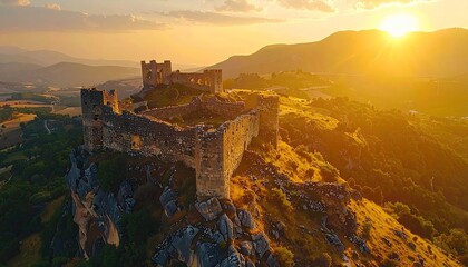 Obraz premium Ancient Stone Castle Ruins Atop Mountain During Golden Sunset with Warm Light Trees and Distant Hills in Background Aerial View