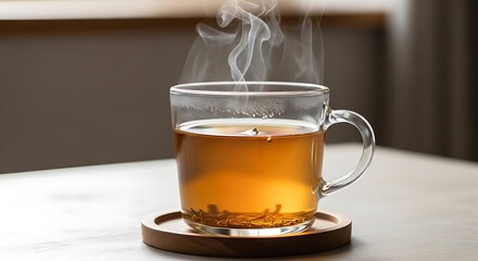 Steaming Cup of Tea on Wooden Coaster - A Moment of Warmth.