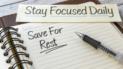 Inspirational Note on Notepad with Pen Reminding to Stay Focused and Save Time for Rest Each Day for Better Productivity