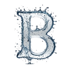 Shiny blue letter "B" crafted from water, splashing against black background