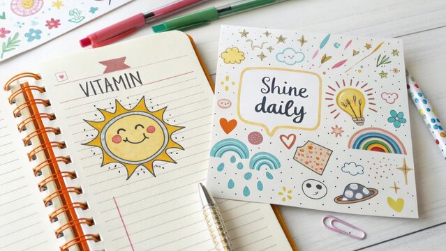 Colorful designs for self-care and positivity with sunlight and motivation in daily planner and notebook on wooden background