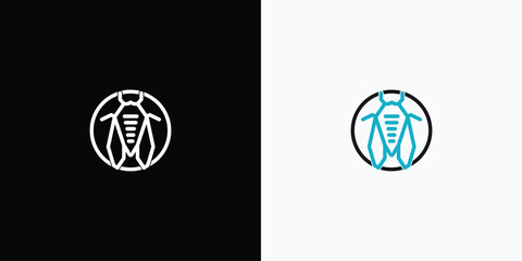 geometric cicada insect logo design set on a black and white background