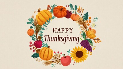 Happy thanksgiving decorative wreath with pumpkins gourds sunflowers apples and autumn leaves on a neutral background