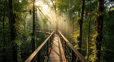 A wooden suspension bridge stretches through a lush rainforest, sunlight filtering through the canopy, creating a serene and enchanting atmosphere